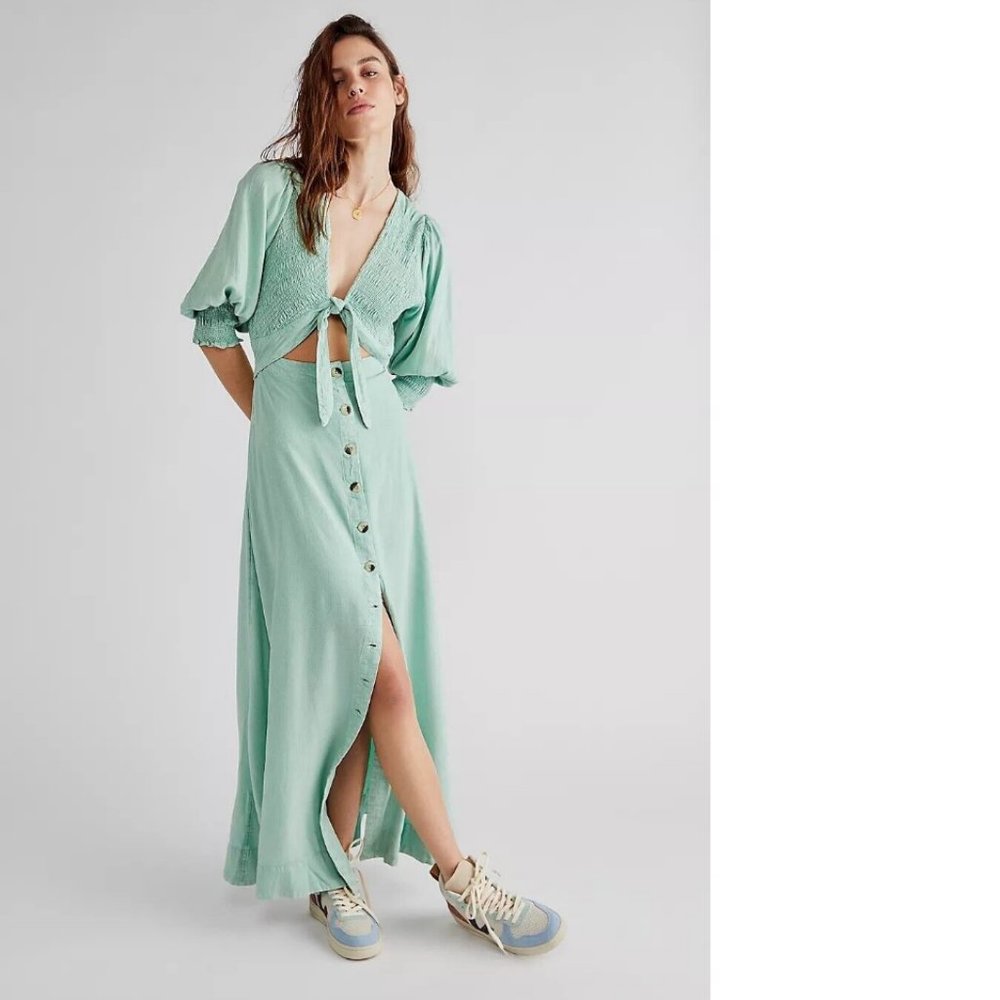 new FREE PEOPLE string of hearts cutout maxi dress medium seagrass